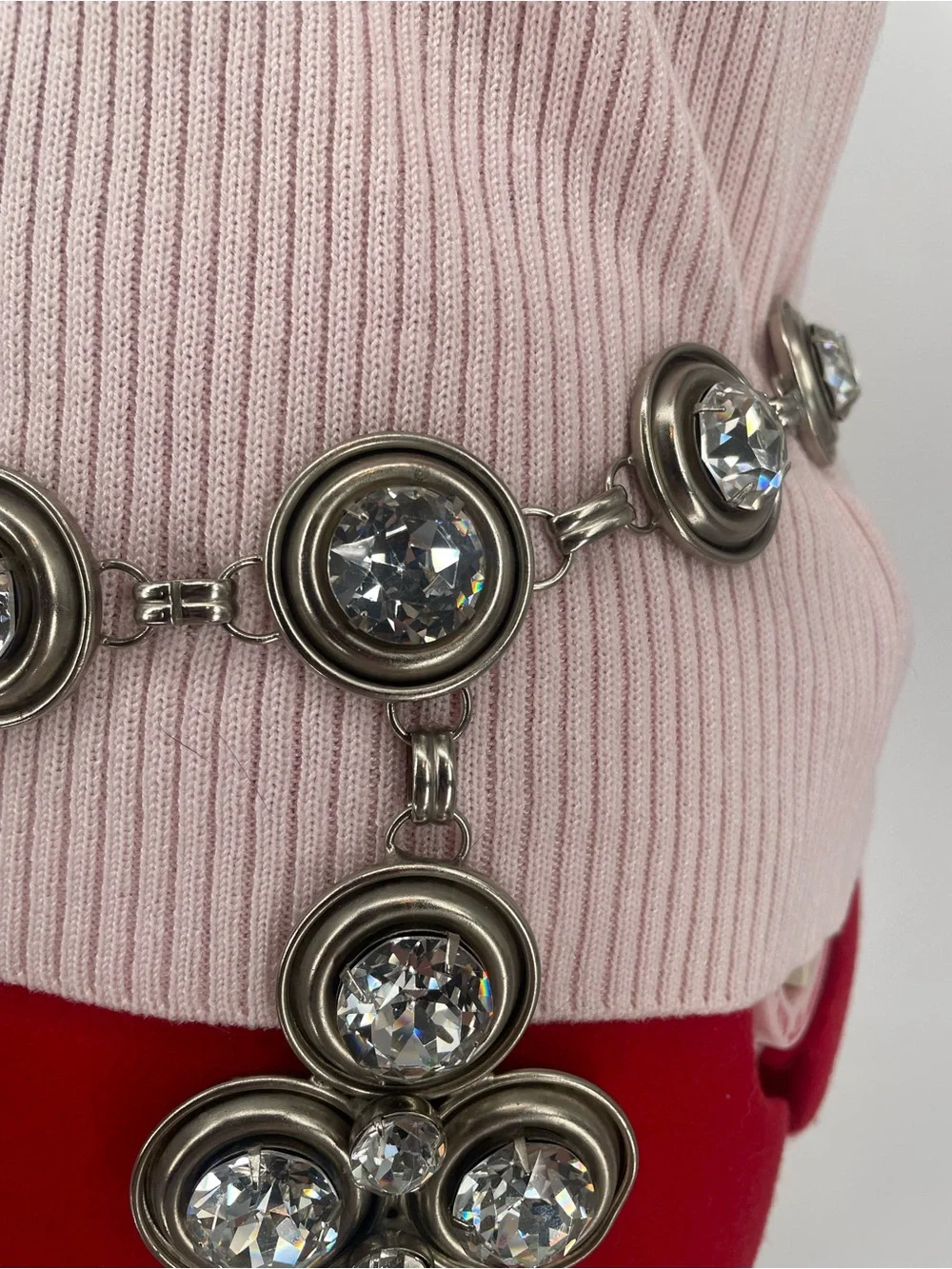 Vintage Chunky Silver Tone Rhinestone Chain Belt Cross Charm Alternative Style